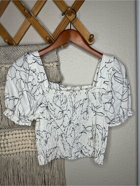 Monteau White Smocked Puff-Sleeve Top with Black Floral Line Print